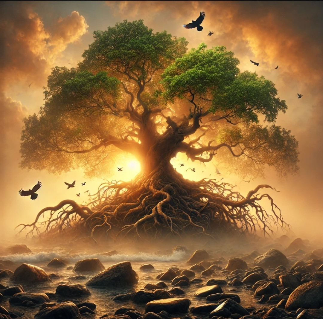 *Yggdrasil*

Calço-me
na solidez de pedras
sábias e pacientes,
de tanto doarem-se
às inconstâncias das águas;

Nutro-me
de vontades e incertezas,
por cujas trilhas
que cortam as brumas
meus sonhos sempre conduzem.

Cresço
expandindo meus troncos.

Morro
alguns ramos por vez...

Mas a cada manhã
ensolarada

em cada reinício
de jornada

sigo
copa-plural e raiz-sozinho

serpente, galhos e corvos

ao novo dia
de muitas
alvoradas.

Alberto Busquets.

#Desafio 040