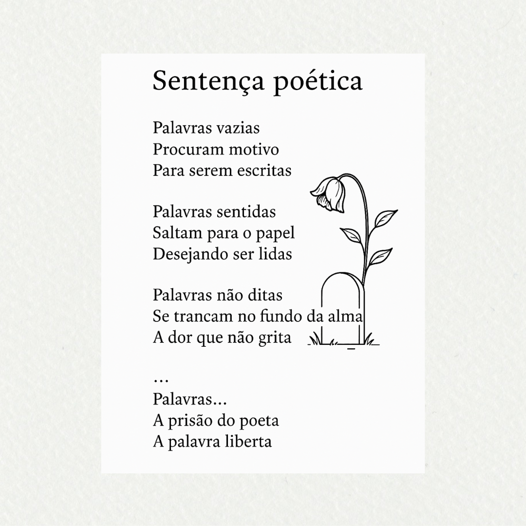 SENTENÇA POÉTICA 

Palavras vazias,
Procuram motivo
Para serem escritas.

Palavras sentidas,
Saltam para o papel
Desejando ser lidas.

Palavras não ditas,
Trancam no fundo da alma
A dor que não grita.

Palavras malditas,
Condenando vidas
Invalidando a justiça.

Palavras...
A prisão do poeta
A palavra liberta.

#desafio 365/99