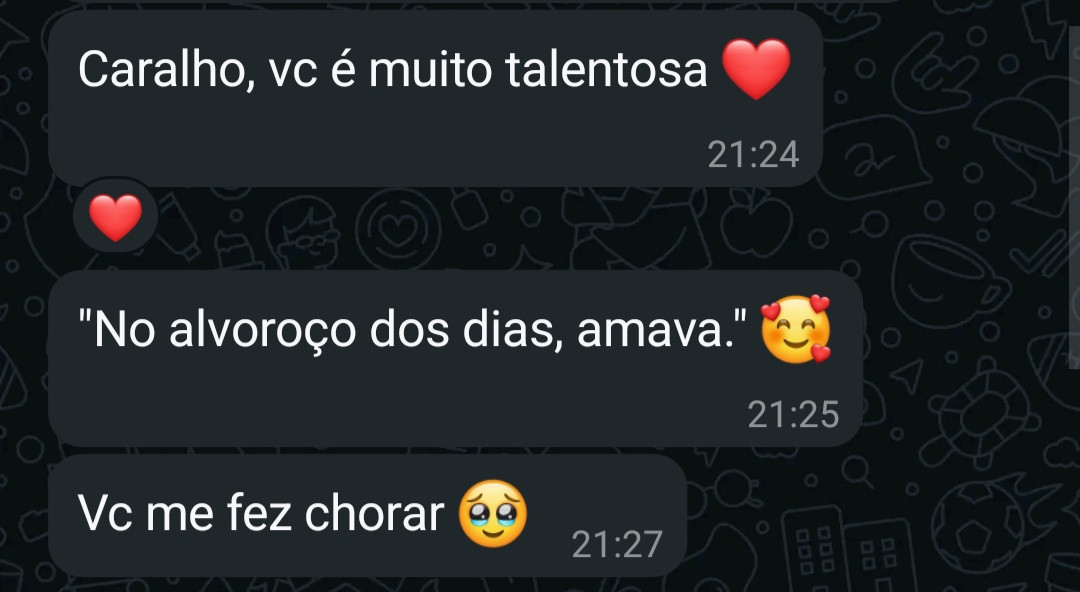 A querida @fksilvain leu meu conto Menino Deus e fez comentários tão maravilhosos e aconchegantes. Obrigada, minha linda. 

Em breve vou colocar meus contos aqui por um preço simbólico. Topam apoiar uma escritora independente?