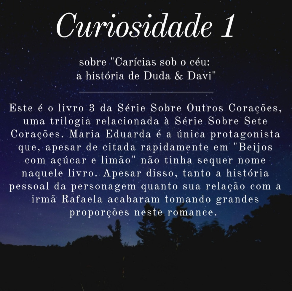 Sete curiosidades sobre "Carícias sob o céu: a história de Duda & Davi". Hoje é a 1. 

#Duda&Davi
#Lançamento