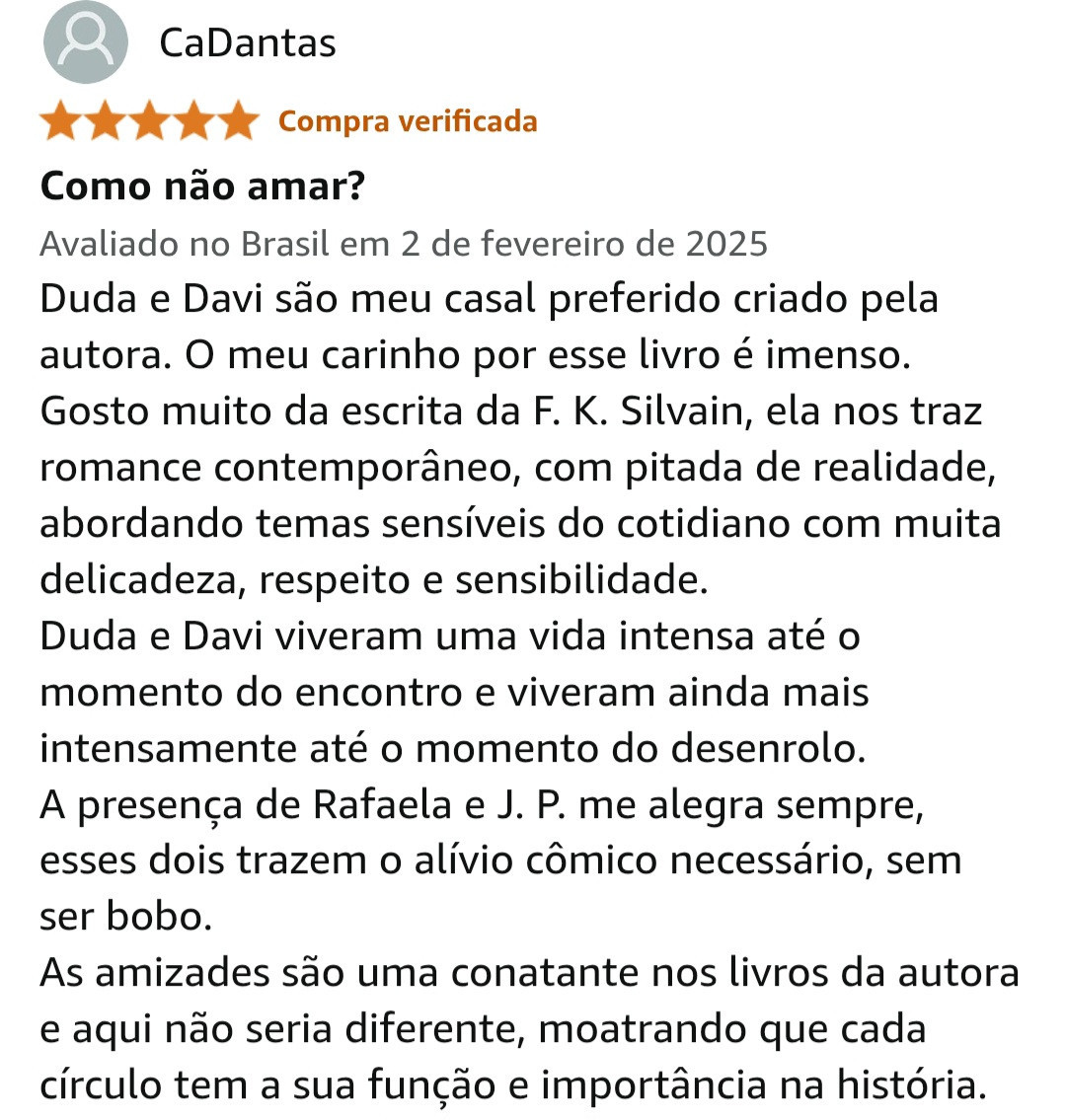 Primeira avaliação de "Carícias sob o céu: a história de Duda & Davi". 🥹❤️

Obrigada @CaDantasAutora