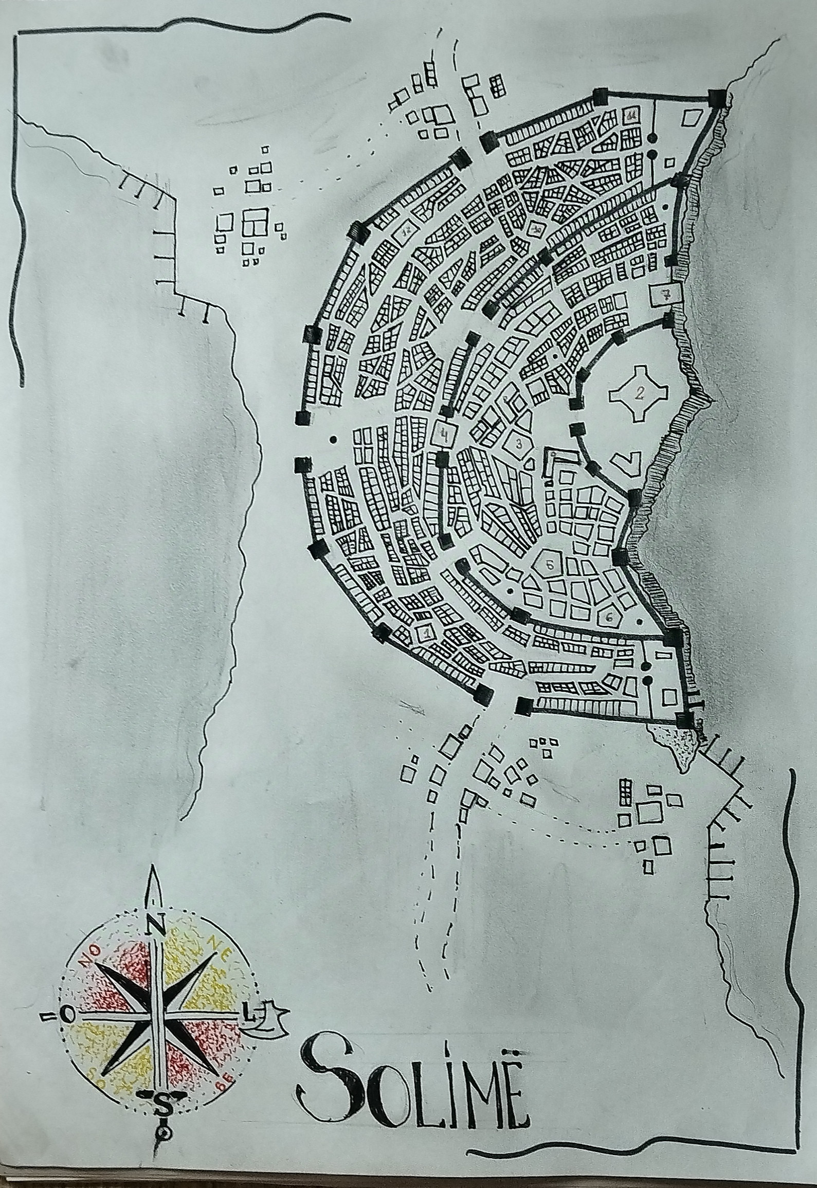 #Desafio dos 365 dias, dia 14:

Solimë é a capital do Gran-Ducado de Chiaro, onde o Doge Regente governa. Localizada em um istmo que liga o Chiaro ao continente de Tregarost, ao Norte, a capital é a última cidade antes da fronteira com o reino élfico de Melliamne. Fundada pelos heróis Lupo e Leone, que com machado e espada em mãos unificaram o país e aumentaram sua defesa contra os ataques dos Volsungues.

Ao passar a primeira muralha você, viajante, se encontra no que a população chama de "o Meio". Aqui você encontrará encontrar diversas tavernas, como a Corurso Prateado (que antes se chamava O Gigante Dançarino) ou a Grimório Manchado (que é exclusiva para magos e seus acompanhantes).

Ao passar da segunda muralha, passará para "Dentro" e encontrará a parte mais rica da cidade. Aqui ficam os templos aos deuses da Luz, do Mar e da Sorte, além do Mercado Municipal e vários mercadores.

A última muralha abriga o Palácio do Doge, que observa a cidade do alto, à beira de um alto precipício.