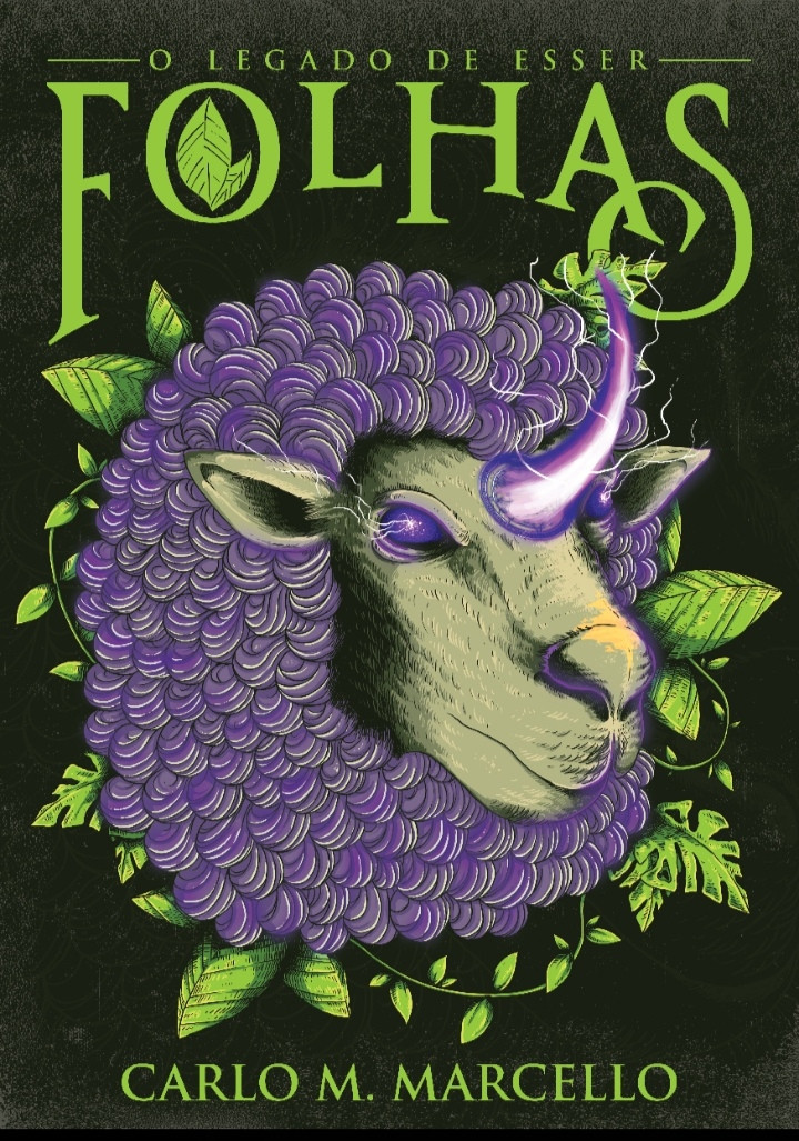 #Desafio dos 365 dias, dia 19:

A capa de Folhas é uma das minhas coisas favoritas no mundo.

Quando decidi que iria publicar essa história que escrevi, contatei um amigo ilustrador para fazer a capa. A primeira ideia era que fosse uma mesa de taverna, com um mapa, um cajado e alguns outros itens presentes na história. A segunda ideia era uma grande cena de batalha, mas esse não era o estilo do ilustrador, e eu queria a arte dele.

Então ele me pediu para mandar um áudio de alguns minutos resumindo a história e, quando ouviu, ele me deu a idéia de colocar na capa a melhor personagem do livro, a Célia.

A ovelha favorita de Shard, personagem principal, transformada magicamente para auxiliá-lo em batalha.

E esse símbolo de folhas dentro do O virou até tatuagem.
