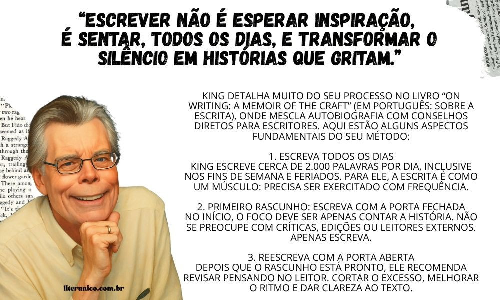 Dicas de inspiração para escritores iniciantes:

Leia de tudo, mas especialmente do seu gênero. King lê cerca de 70 a 80 livros por ano.

Tenha uma rotina. Crie um ambiente favorável, sente-se à mesma hora e escreva com constância.

Não espere inspiração. Ele acredita que o hábito é mais confiável que a musa.

Ouça os personagens. King escreve sem saber exatamente o final: ele deixa os personagens guiarem a história.

Aceite o fracasso. Antes de ser publicado, ele recebeu dezenas de cartas de rejeição. Guardava todas em um prego na parede.