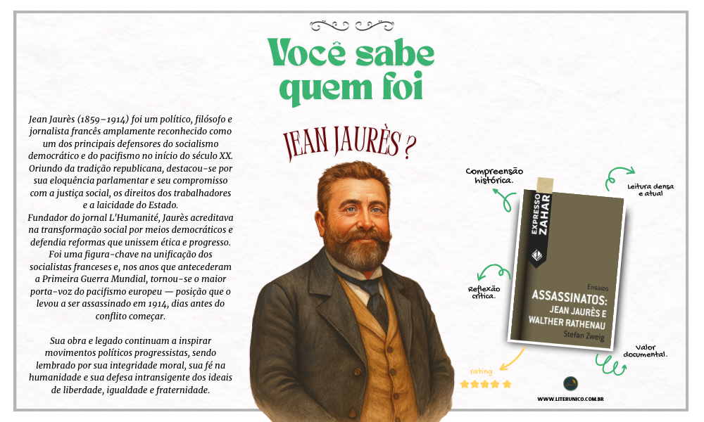 Jean Jaurès foi um grande nome da política e do pensamento social francês. Defensor da paz, da justiça social e dos direitos dos trabalhadores, destacou-se como um orador brilhante e símbolo do socialismo democrático. Sua voz, silenciada às vésperas da Primeira Guerra Mundial, ainda inspira ideias de igualdade e humanidade.

Assassinatos: Jean Jaurès e Walther Ratheneau: Ensaios: <a href="https://www.literunico.com.br/books/1244">Aqui!</a>

#literunico #JeanJaurès #PensamentoSocial