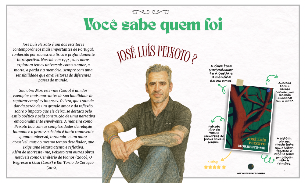 José Luís Peixoto é uma das vozes mais potentes da literatura portuguesa contemporânea. Com uma escrita sensível e poética, ele transita entre o real e o simbólico, entre a memória pessoal e a dimensão universal da experiência humana. Seus livros abordam temas como identidade, silêncio, perdas e raízes com profundidade e lirismo.

Morreste-me:<a href="https://www.literunico.com.br/books/1112">Aqui!</a>

#literunico #JoséLuísPeixoto #LiteraturaContemporânea