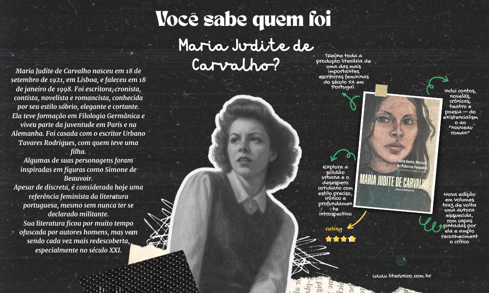 Olhar atento, voz crítica e delicada. ✨📚
Maria Judite de Carvalho revelou, em sua prosa, a solidão feminina, as fraturas da vida cotidiana e as contradições sociais do seu tempo. Sua escrita sóbria e poderosa a consagra como uma das grandes vozes da literatura portuguesa contemporânea.

Maria Judite de Carvalho - Obras Completas: Tanta Gente, Mariana - As Palavras Poupadas (Volume 1): <a href="https://www.literunico.com.br/books/1261">Aqui!</a>

#literunico #MariaJuditeDeCarvalho #literatura