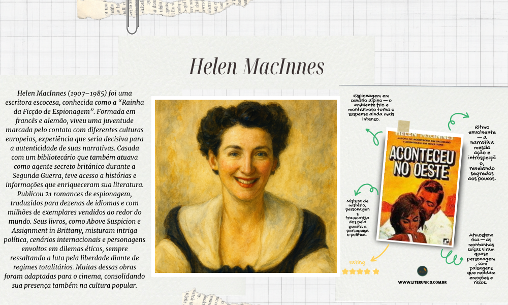 ✨ Helen MacInnes (1907–1985) ficou conhecida como a “Rainha da Ficção de Espionagem”. Em romances como Aconteceu nos Alpes e Assignment in Brittany, uniu suspense, intriga política e personagens cheios de dilemas éticos. Sua escrita ágil e realista abriu espaço para a presença feminina em um gênero dominado por homens, conquistando leitores em todo o mundo. 📚✨

Aconteceu nos Alpes: <a href="https://www.literunico.com.br/books/1301">Aqui!</a>

#HelenMacInnes #literunico #suspense