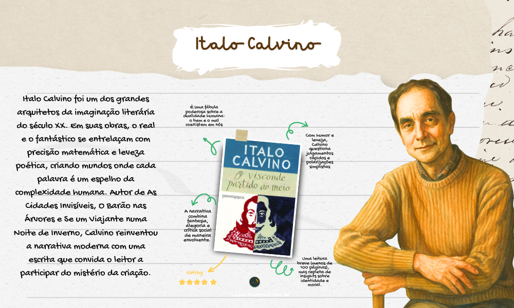 Autor de imaginação refinada e pensamento luminoso, Italo Calvino transformou a literatura em um espelho do invisível.
Suas histórias — entre o fantástico e o filosófico — nos fazem enxergar o mundo com novos olhos.
Em O Visconde Partido ao Meio, As Cidades Invisíveis e O Barão nas Árvores, ele nos ensina que a leveza também pode ser profunda.

✨ “A literatura é a prova de que a vida não basta.”

O visconde partido ao meio: <a href="https://www.literunico.com.br/books/1344">Aqui!</a>

#ItaloCalvino #LiteraturaItaliana #ClássicosDaLiteratura #LevezaEPensamento #Literunico