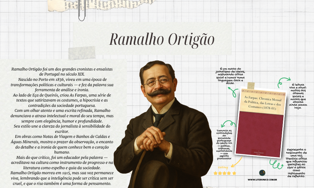 Escritor e cronista português, Ramalho Ortigão foi um dos grandes observadores da sociedade do século XIX.
Com ironia elegante e crítica inteligente, analisou os costumes, a política e o pensamento de seu tempo.
Em As Farpas, escrita com Eça de Queirós, transformou a crônica em arte e a sátira em reflexão.

Sua escrita segue viva — lembrando que pensar com humor também é uma forma de resistência.

As Farpas: Chronica Mensal da Politica, das Letras e dos Costumes: <a href="https://www.literunico.com.br/books/1365">Aqui!</a>

#Literunico #AutorDoDia #RamalhoOrtigão #LiteraturaPortuguesa #Clássicos #AsFarpas #Crônica #Sátira