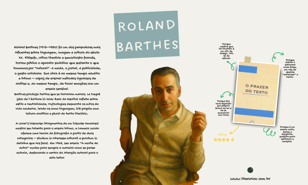 Roland Barthes, esse leitor apaixonado que fez da leitura um ato de desejo. 📚✨
Entre fragmentos, textos de prazer e diários de luto, ele nos ensinou que não lemos apenas histórias: lemos também a nós mesmos, nas entrelinhas.
Sua escrita é convite e provocação — mistura de teoria e afeto, crítica e poesia — que abre brechas para sentir o texto, não só analisá-lo.

“O texto que escrevo deve me dar prazer.”

O prazer do texto: <a href="https://www.literunico.com.br/books/1425">Aqui!</a>

#RolandBarthes #Literunico #AutorDoDia #TeoriaLiterária #LeituraQuePensa #LeituraQueSente