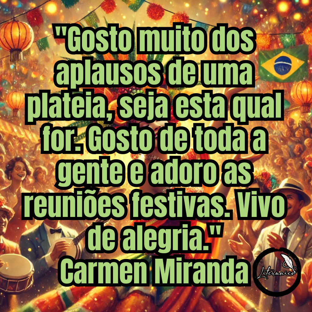 Bom dia!

Palavra do dia:
#𝔸𝕃𝔼𝔾ℝ𝕀𝔸

Frase do dia:
"Gosto muito dos aplausos de uma plateia, seja esta qual for. Gosto de toda a gente e adoro as reuniões festivas. Vivo de alegria."
— Carmen Miranda

Datas comemorativas de hoje, 9 de fevereiro de 2025:

Dia do Frevo em Pernambuco

Dia de Leitura na Banheira

Aniversariantes:

Carmen Miranda (1909)

Joe Pesci (1943)

Mia Farrow (1945)

Tom Hiddleston (1981)

Michael B. Jordan (1987)