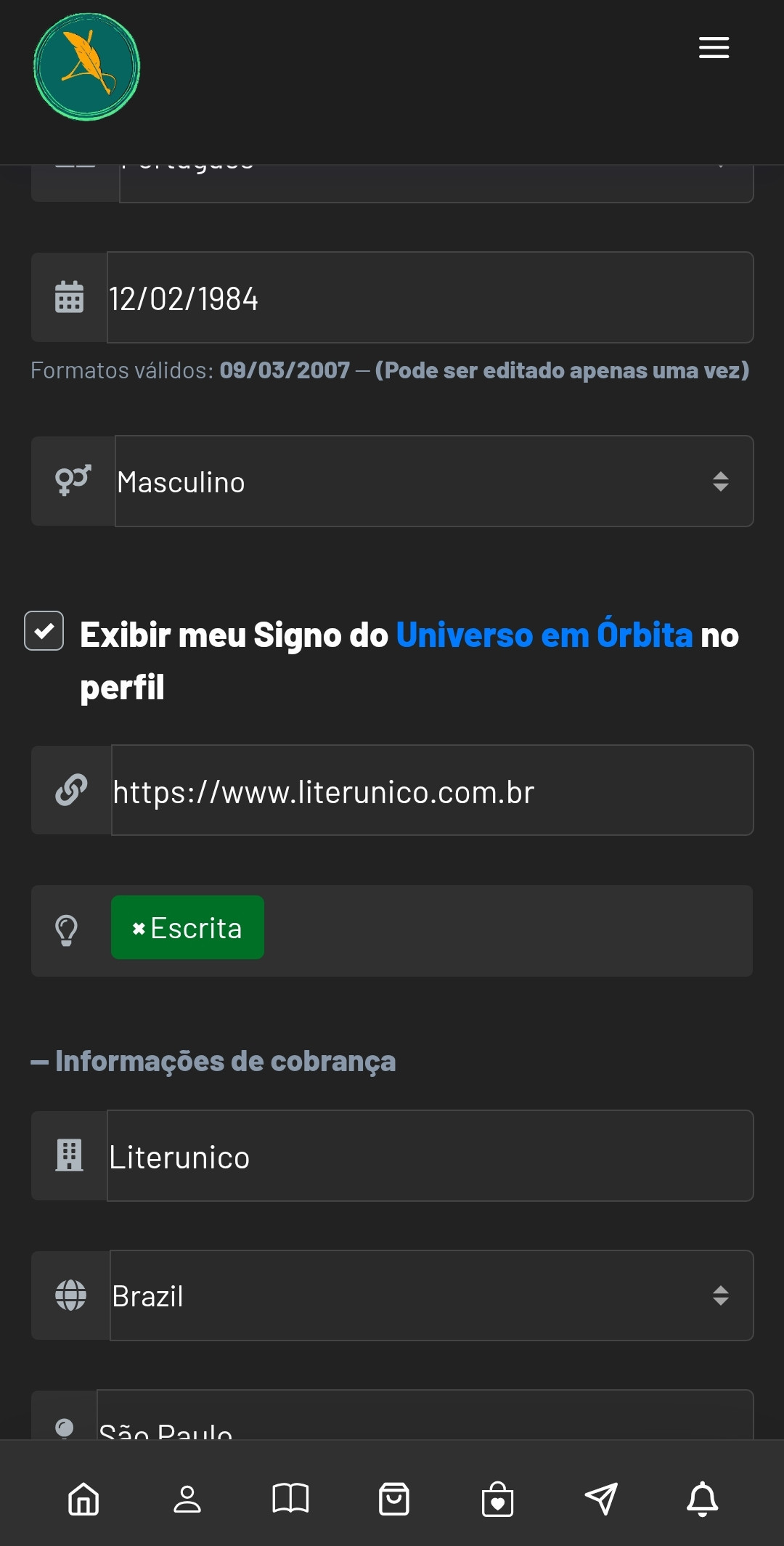 Quer saber qual é seu signo no Literunico do Universo em Órbita e deixar ele ativo na exibição do seu perfil?
Só ir em "Editar minha página", no menu e depois clicar na caixa de seleção para ativar! 
Em breve, as descrições e as mensagens direcionadas!
