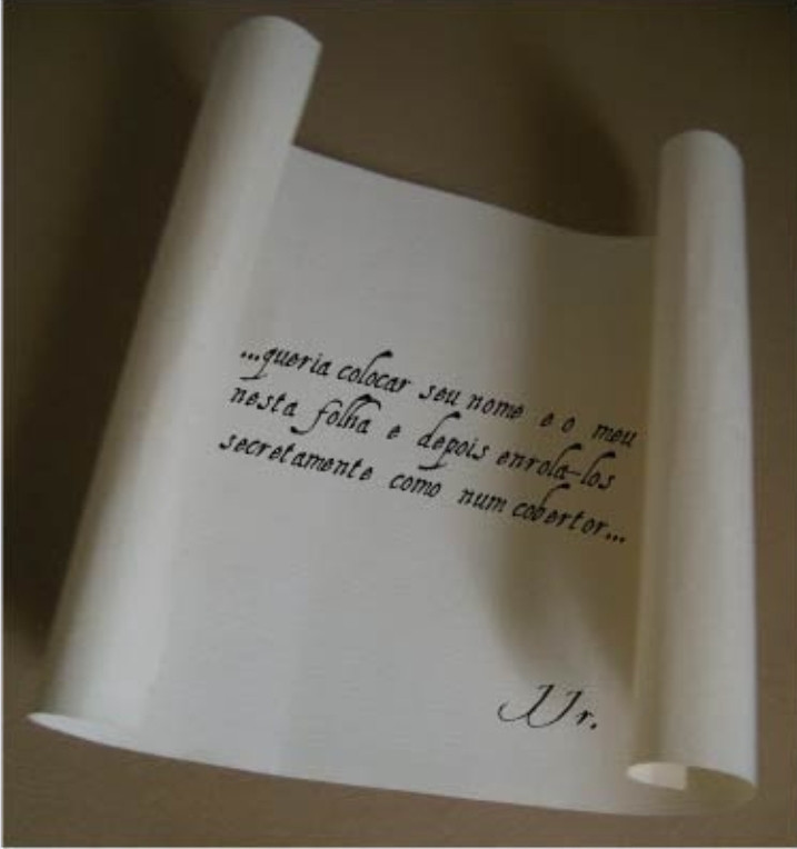 Cartas.

"...queria colocar seu nome e o meu nesta folha e depois enrola-los secretamente como um cobertor..."

JJr.