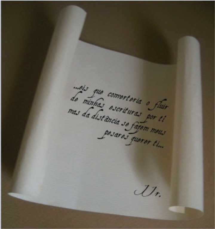 Cartas. 

"...eis que converteria o fluir de minhas escrituras por ti mas da distância se fazem meus pesares por ti..."

JJr.