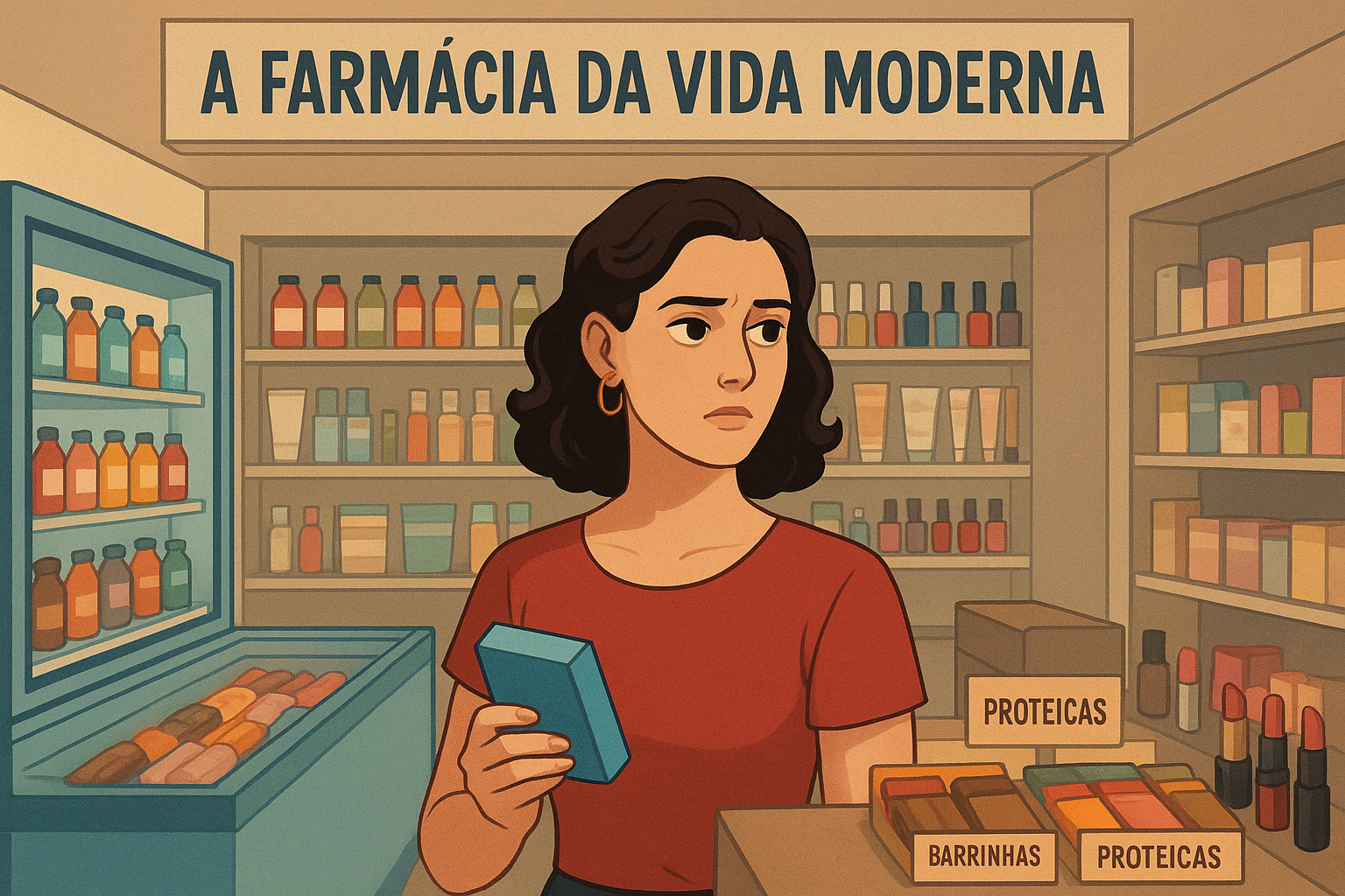 Nesta crônica, convido você a me acompanhar a uma farmácia de hoje — repleta de shakes, esmaltes e promessas de saúde — enquanto minhas memórias me levam às farmácias da infância, com seus cheiros, cores e lembranças marcantes. Entre risos e nostalgia, percebo que, às vezes, saímos de um lugar simples levando muito mais do que esperávamos.

Crônica - A Farmácia da Vida Moderna
Juro que não sou frequentadora assídua de farmácia. Só entrei porque arranquei o siso e precisava comprar antibiótico. Mas confesso: assim que atravessei a porta, tive a sensação de ter parado no endereço errado.
Uma geladeira vertical transbordava shakes de todos os sabores e promessas. Ao lado, um freezer abarrotado de sorvetes me chamava; peguei alguns picolés para tentar refrescar a boca em luto.
À direita, um corredor inteiro de esmaltes, hidratantes, batons… tudo quase em promoção. No caixa, barrinhas integrais e proteicas, alinhadas como se vendessem saúde em doses embaladas.
Foi então que a nostalgia me atingiu.
Cadê a farmácia raiz da minha infância? Aquela em que o álcool ardia só de olhar? Onde o merthiolate era vermelho e denunciava a travessura por uma semana inteira? Hoje é incolor, indolor… e, quem sabe, até ineficaz.
Cadê o Neocid, que matava nossos piolhos, mas, vá entender, não nos matava também? E a Emulsão Scott, que tinha gosto de castigo, com aquela figura de bacalhau zombando da nossa careta?
Hoje, farmácia é quase um shopping: a gente entra para comprar remédio e sai com batom vermelho e brinco de argolas nas orelhas.
Talvez a cura esteja nisso mesmo: rir do absurdo moderno enquanto lembramos da violeta genciana que deixava a boca roxa.
Saí daquele espaço levando mais do que um simples comprimido. Levava lembranças… o carinho do Almanaque do Biotônico Fontoura, que prometia nos transformar em Hércules, enquanto histórias do Jeca Tatu se misturavam a passatempos, piadas e previsões astrais. Comprávamos remédio e, de brinde, levávamos cultura.