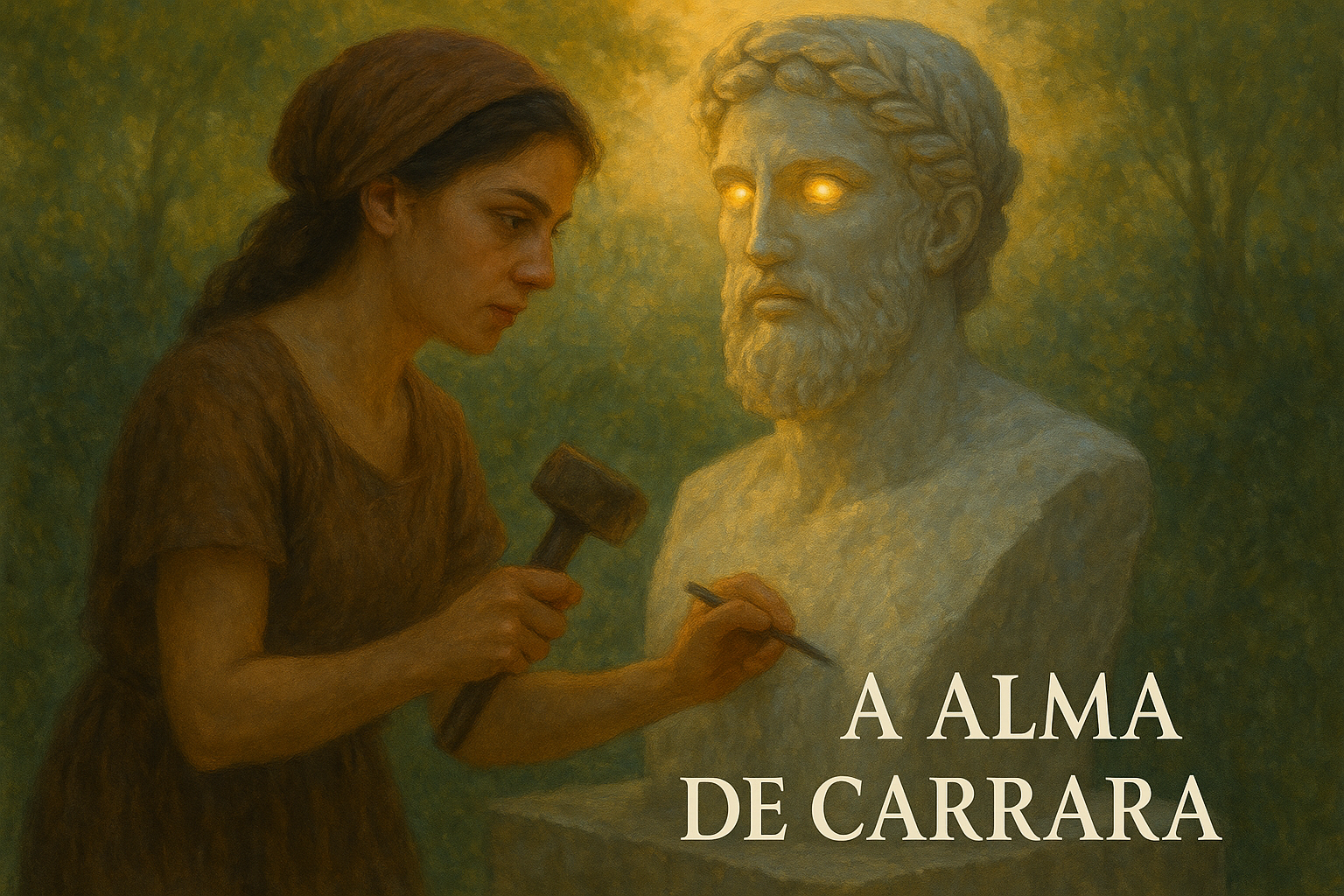 A Alma de Carrara

Ele exala perfume; e sua pele revela um deus moldado em carne e osso. Onde deveriam estar os olhos, brilham duas gemas — capazes de cegar quem ousa encará-las por muito tempo.
Os lábios fartos e úmidos ocultam um sorriso antigo, talvez perigoso. Sua alma habita o passado, seus desejos vagam pelo futuro. A mulher teme a magia e os encantos do presente — o único momento real.
Na escuridão da madrugada, ele envolve o quarto em mistério e sedução. Luísa busca o sono que escapa, inquieta sob os lençóis e entre os travesseiros. Ele está ali — ou talvez apenas a ideia dele. Ainda assim, ela se rende à presença invisível. Teme que o sonho desperte junto com as imperfeições da realidade. Teme que a imagem ideal ganhe corpo. Mas, entregue ao êxtase do delírio, deixa que sua alma o alcance no abismo da imaginação.
A manhã nasce como um presságio. O sol atravessa a janela e toca o jardim — um convite sutil para dar forma ao que já vive em seu peito. Luísa pega o conjunto de maceta e cinzel e caminha até o quintal. Diante da pedra, ela silencia. Por horas, apenas observa. Depois, começa a preparar o ambiente com a solenidade de um ritual.
Dar vida ao pensamento — ela reflete — é como invocar um espírito antigo. É preciso coragem para libertar o que dorme dentro da rocha. Algo que pode coroá-la com glória… ou arrastá-la às chamas. Mas o fogo interno, alimentado pela dopamina, exige mais. Com mãos trêmulas e olhos febris, Luísa ergue a ferramenta e inicia o ato da criação.
Toca a pedra com reverência. Sente os veios e as fendas como quem decifra sinais de outra era. Em seus dedos, a firmeza delicada de quem carrega o segredo do mito. A paixão a embriaga, ativando seus instintos. Martela. Esculpe. Invoca. Seu chamado ecoa — e se perde na mata. Os suspiros dissolvem-se no ar, e o suor escorre como oferenda. Diante da obra, o coração dispara — ele parece sorrir, mesmo imóvel, como se lutasse para sair da prisão de mármore.
Luísa acaricia a superfície fria da rocha. Concentrada, vai libertando o pensamento. Rasga o mármore com precisão, revelando o bigode que oculta os lábios, que se misturam à barba e aos cabelos, domados por uma coroa de louros. Dá vida aos olhos — até então mergulhados nas trevas — como quem rompe o véu entre mundos.
Por fim, ela permite que o amor a invada por completo. Já não há limites entre o que pensa, sente e esculpe — tudo pulsa no mármore, tudo vibra sob sua pele.
A imagem, perfeita e ancestral, sempre estivera ali — adormecida em sua alma.
Agora, libertada da pedra, ela vive.
