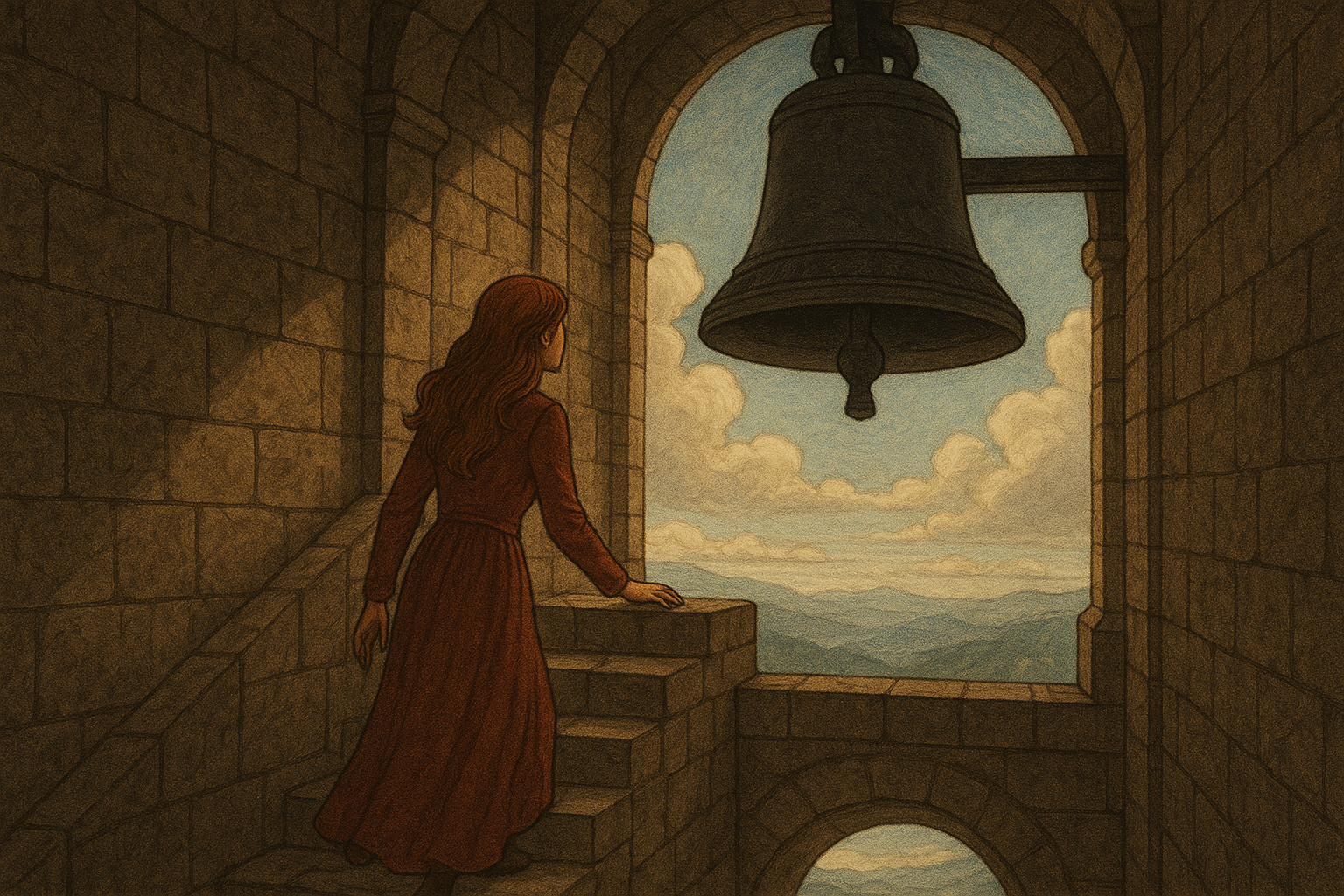 O Cântico Entre Mundos

O chamado ecoa; o coração sente.
Ela segue, sobe os degraus de pedra, observa — e não vê.
No alto da torre, o cenário panorâmico sepulta o horizonte,
que se veste de nuvens como uma mortalha.
Toca o passado.
O antigo sino de ferro fundido permanece calado.
Passa os dedos pelos desenhos forjados em ferro e devoção.
Juntos, no mesmo templo —
ele no subterrâneo; ela no alto da torre —,
ambos escutam o mesmo cântico ressoando entre seus mundos.
A alma dela se eleva — sente a vibração da presença que mora no calabouço.
A sombra dança na escuridão; ele recita versos em silêncio.
Cada nota é uma centelha que aquece,
como um corte profundo — um refrão que dissolve o “eu”,
até restar apenas o pulsar do mistério que a instiga.
A melodia atravessa os dois; mesmo separados, consagra.
Ela o aceita, acolhe, transcende;
na diferença, tece significado.
Ele se deixa permear, esquece a prisão,
oferece-se à força que o desnuda.
E, por um instante — breve e eterno —,
um jorro de luz atravessa a rocha.
O abismo e o alto se encontram.
Os dois reconhecem o mesmo ritmo, a mesma origem.
O mundo sopra entre eles — invisível e, ainda assim, palpável.
Um tempo se dobra, se reflete, se transforma.
Do cume da fortaleza, ela entende que a canção não lhes pertence.
Do fundo da galeria, ele sente que o canto não precisa de resposta — apenas de presença.
E assim, o sentimento continua, ignora as muralhas,
aquecendo o que já foi tocado pelo amor —
e que dispensa palavras por, desde o início, simplesmente ser.

@rschumaher