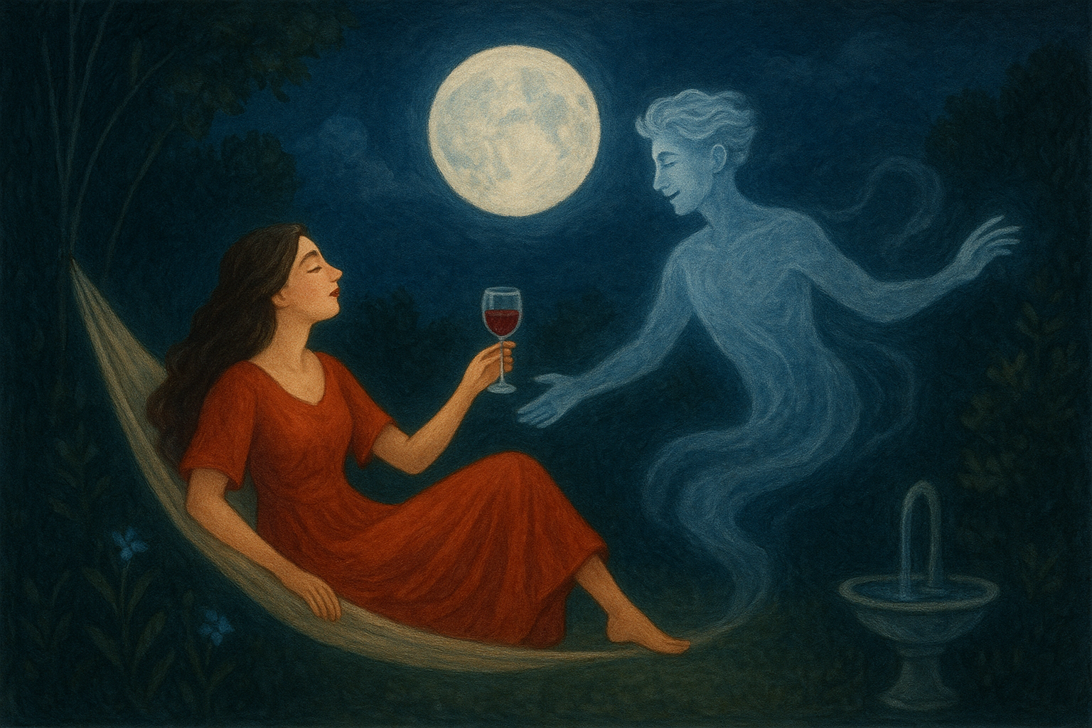 Fusão Lunar

A mulher deixa-se embalar pelo ritmo do vento que move a rede.
Observa a noite iluminada à sua frente.

A lua brinca de esconde-esconde.
Nuvens afoitas tentam apagar sua luz,
mas para ela, soberana e única, pouco importa estar em primeiro plano.

Sedutora e senhora de muitas faces,
ora se recolhe no quarto minguante, ora na fase nova.
Cresce ao longo das semanas e, finalmente, se entrega por inteiro —
plena e cheia, como nesta noite.

As duas vibram na mesma frequência; seus ciclos são um só.
Então, um intruso se aproxima. A disputa feminina paira no ar.
Ele surge de mansinho, vindo da escuridão.

O clima de paixão se adensa.
A mulher, tomada por ciúme, intui que o amor entre ele e a feiticeira vem de outras eras.
Desconfia que se encontram nas madrugadas — num namoro secreto.

A lua, desejando impressioná-lo, cintila com toda a sua intensidade.
O homem veste um manto de névoa e dança pelo gramado,
seguindo o ritmo das marés.

A mulher percebe que sua presença é ignorada.
Levanta-se e decide também entrar no palco.
Com medo de quebrar a magia daquele instante, sente a terra sob os pés e caminha lentamente.

Ele ignora sua presença e continua a bailar livremente.
Tomada por uma intensa necessidade de fazer parte daquele espetáculo,
a mulher compreende que precisa entrar em cena.

Libera seu perfume.
Seu cheiro atrai a criatura,
que, fascinado, bebe o elixir de sua taça.
Ela o observa com paixão, como um mestre diante de sua obra-prima.
Seu corpo se torna leve, como tinta na ponta do pincel de um artista.
Deixa-se conduzir, permitindo que ele defina suas nuances e formas.
Entrega-se ao compasso frenético e multicolorido da obra, que finalmente se completa.

Uma conexão ancestral.
A fertilidade ascendente.
Masculino e feminino se fundem em prazer.
E a lua, em silêncio, brilha — mera testemunha.

@rschumaher