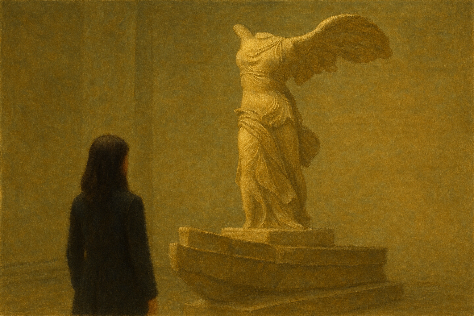 O Chamado da Samotrácia

Ali dormem objetos antigos, obras de arte, mitos e muita história.
Caminho entre as alas do museu como quem atravessa gerações —
cada sala é um portal, cada vitrine um eco do que já foi vida.
Na maioria delas, o ar é denso, de séculos.
Os sarcófagos, expostos como joias raras, guardam o silêncio de civilizações que insistem em não partir.

Entre os artistas mais consagrados estão:
Michelangelo, que toca o divino com as mãos;
Da Vinci, que desafia um sorriso enigmático;
e Caravaggio, que captura sentimentos dançando entre a claridade e a escuridão profunda.

Sinto um chamado estranho que não identifico.
Meu coração me conduz à escadaria Daru.
Com cautela, subo os degraus, temendo acordar os espectros que vigiam os destroços da Grécia antiga.
E ali, no topo monumental, reina uma deusa alada — imóvel e viva. 
Ela atrai a multidão que caminha cega, fascinada por seu brilho.

Como quem se aproxima de um altar,
paro diante dela, e um arrepio percorre meu corpo.
O mármore de Paros respira e pulsa.
A figura imponente cativa olhares e admiração, mesmo mutilada.
As asas, abertas ao sopro invisível do mar, ainda preso em suas dobras.
Ela não foi esculpida apenas em pedra —
foi moldada em sonhos, desejos e tempos suspensos.

A imagem transcende. 
Sua essência flutua entre matéria e éter.
Com um pé na terra e outro no infinito,
sua envergadura triunfal abre águas invisíveis.

O vestido branco guarda o sal do criador.
Da proa de um navio imaginário, ela me convida a atravessar as eras.
E, de repente, o murmúrio do Louvre se dissolve.
O relógio se detém.
Os passos ecoam, distantes, desaparecendo nas paredes de rocha.
Do alto do palco de calcário, ela vibra — e o portal se abre.

Totalmente inebriada por sua presença, aceito o convite.
Embarco.
A nave flutua, rasgando o vazio.
Ao longe, avisto a ilha de Samotrácia.
Aporto num século que se foi.

Lembranças despertam.
A areia quente abraça meus pés.
O instante traz um perfume —
reconheço mesmo antes de lembrar.
É o mesmo que senti quando te perdi.
Um frio percorre o estômago.
A dor despedaça minha alma, que vaga à deriva.

Corro. 
Subo a colina e te procuro junto às ruínas do Santuário dos Grandes Deuses.
Clamo por você entre os vestígios da época,
mas encontro apenas a resposta do teu nome.
Sou parte daqueles que estão no Templo dos Mistérios Sagrados.

Ali, uma mulher alada reina completa.
Flutuando à frente do barco, a deusa olha para o azul do Egeu.
Sua mão saúda a vitória com leveza.
O pé roça suavemente a nau.
A roupa é presa pelo vento.

Desesperada, busco teu rosto entre os corpos caídos no chão.
Grito. Driblo a guerra. Enfrento os soldados romanos.
Por um instante, vejo teu olhar —
mas ele se apaga, como uma estrela que decide voltar ao céu.
O sangue mancha minha pele.
Registra medo e perda do amor em minha essência.

A natureza completa seus ciclos.
A tempestade soterra tudo.
Minha fé e minha paixão repousam submersas.
A morte chega — e me leva,
para que eu possa surgir novamente.

Um lampejo me traz de volta ao museu.
Agora eu vejo: Nike, sem mãos.
Alcança o presente com a mesma grandeza
com que consagrou a vitória no passado.
Sem olhos, mas capaz de iluminar — de transformar Paris em cidade-luz.

Despeço-me do Louvre
Mergulho na noite.
Ainda tento encontrar você em qualquer resquício onde possa existir história —
onde o tempo, em segredo, ainda nos recorda.
Deixo para trás o peso das salas escuras, o cheiro de funeral, o ancestral fossilizado.
Levo comigo a saudade daquele dia — teu beijo,
e o sopro invisível da Samotrácia.

@rschumaher