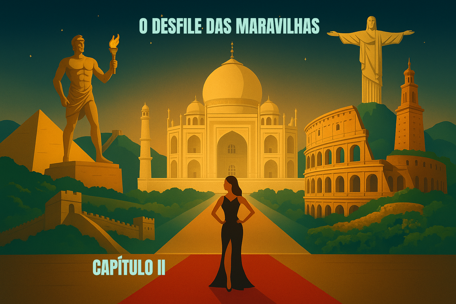 CAPÍTULO - II

⚡ Maravilha Antiga – Estátua de Zeus (Grécia)
Um estrondo ecoa como trovão.
As nuvens se abrem feito cortinas — e surge o rei do Olimpo.
Sentado no trono com autoridade divina: doze metros de puro ouro, ébano e glória.
Na mão direita, a vitória; na esquerda, o cetro dos deuses. 
Construída por Fídias, para lembrar aos mortais que os seres supremos mandam no jogo.
Zeus olha para as Sete jovens, ergue uma sobrancelha de marfim e diz:
— Moderninhos, vocês têm selfies demais e reverência de menos.
Um raio cai no cenário.
Silêncio absoluto.
A estátua cintila entre gemas preciosas.
Ninguém ousa responder.
________________________________________
🏔️ Maravilha Moderna – Machu Picchu (Peru)
Ela surge como profecia nascida de montanha, silenciosa e sagrada:
Uma cidade inteira construída a quase dois mil e quatrocentos metros de altura, encaixando rochas com tanta precisão que nem uma folha de papel passa entre elas.
Machu Picchu ergue o que seria sua “voz” ancestral:
— Grande Zeus, não precisa exagerar nos efeitos especiais.
— No meu período, poder era silêncio, altitude e… estratégia.
Zeus rebate:
— Altitude? Eu moro no Olimpo, lembra?
Machu Picchu, tranquila como uma lhama sábia, responde apenas com existência — sólida e eterna.
Mas a plateia aplaude a engenharia da civilização inca.
E Zeus, mesmo contrariado, aceita: os Andes também têm suas divindades.
________________________________________
🌙 Maravilha Antiga – Templo de Ártemis (Turquia)
Ele chega cercado de cento e vinte e sete colunas — como um exército de mármore.
É tão grandioso que dizem ter sido reconstruído três vezes, renascendo após desastres.
O Templo cede a palavra à deusa da caça, que fala:
— Eu era museu e galeria de arte num só corpo.
Ela lança uma flecha imaginária para o teto, só por glamour. O tecido cósmico se rasga e estrelas caem, bordando o mar.
Ártemis retorna ao monumento, que é ovacionado, e exala fragrâncias de flores noturnas que deixam o público enfeitiçado.
________________________________________
🐍 Maravilha Moderna – Chichén Itzá (México)
A música muda — tambores maias tocam o ritmo do tzolkin.
Surge Kukulkán, pirâmide com escadarias alinhadas ao Sol.
A serpente de luz do equinócio toma forma.
Chichén Itzá cumprimenta com elegância:
— Saudações, Ártemis. Vejo que seu templo era famoso pela forma.
— O meu… pela transformação.
Ártemis responde com sorriso de predadora:
— Meu querido, rituais sob a lua eu inventei.
— Mas confesso que sua serpente é poesia que desce degraus.
Um encantamento paira no ar. Uma coruja pia para quebrar o feitiço.
________________________________________

O desfile continua no Capítulo III