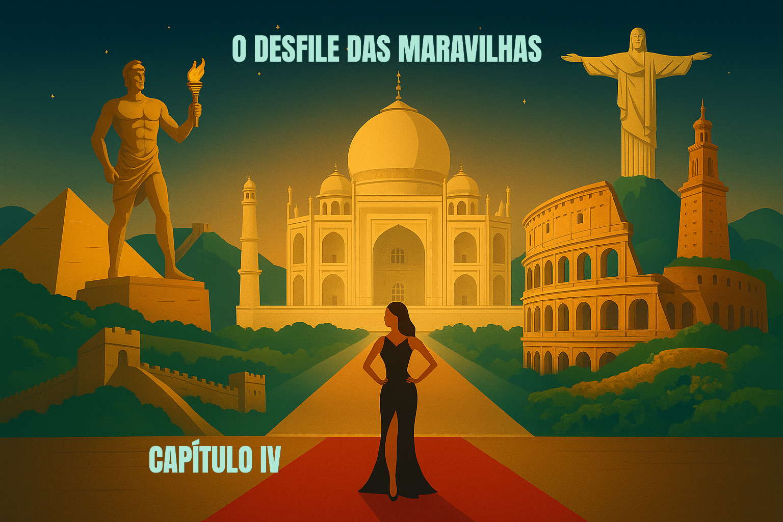 CAPÍTULO - IV

🌿 Maravilha Antiga – Jardins Suspensos da Babilônia (Iraque)
O vento sopra. Um aroma intenso de verde invade a passarela.
Em meio a águas artificiais, palmeiras e flores exóticas,
os Jardins Suspensos surgem como canteiros suntuosos.
Construídos — dizem — pelo rei Nabucodonosor II
para matar a saudade da esposa Amitis, que sonhava com montanhas e florestas.
A vegetação então sussurra ao vento:
— Ninguém sabe onde exatamente existimos.
— Alguns até duvidam da nossa existência.
Uma árvore imensa declara:
— Somos o paraíso de namoros que virou lenda.
E a lenda...  vira maravilha. 💚
Ele se desfaz como miragem em alto mar, deixando os arqueólogos com o olhar perdido entre a realidade e a ilusão.

________________________________________
🏛️ Maravilha Moderna – Petra (Jordânia)
As luzes mudam de cor — tons rosados revelam paredes esculpidas diretamente na rocha. Exibe um sistema de canalização de água desafiador para sua época.
Petra desfila, imponente como o deserto e silenciosa como segredos milenares.
Capital dos nabateus, guardiã de rotas comerciais,
seu olhar traz de volta os Jardins com admiração e serenidade:
— Querido, você vive no imaginário.
Eu… sobrevivo no silêncio das pedras.
Os Jardins retrucam, brilhando como visão elegante:
— E quem disse que existir é apenas ocupar um lugar físico?
A cidade rosa baila diante do pano de fundo e canta:
— Você representa o que o coração quer lembrar.
Eu… o que o mundo tenta esquecer e não consegue.
E por um instante raro, os dois se admiram.
Com olhar babilônico, ele sussurra:
— Sua cor é linda!
Petra fica vermelha e sorri:
— Confesso que seu perfume me atrai.
Os mais enigmáticos.
Os mais poéticos.
As mais inesquecíveis.
Os convidados assoviam, aplaudem e se desdobram tentando alcançar as celebridades que seduzem e brincam com as eras.

________________________________________

🎭 Encerramento do Desfile
As quatorze maravilhas se alinham.
O palco treme. O mundo prende a respiração.
As luzes do anfiteatro da História oscilam.
O som do Universo é ampliado.
Uma voz divina ecoa:
— O que torna alguém uma maravilha
não é como foi feito…
mas como continua inspirando.
Os aplausos sacodem a eternidade.
A presença estabelece o que o Chronos não consegue apagar.

@rschumaher