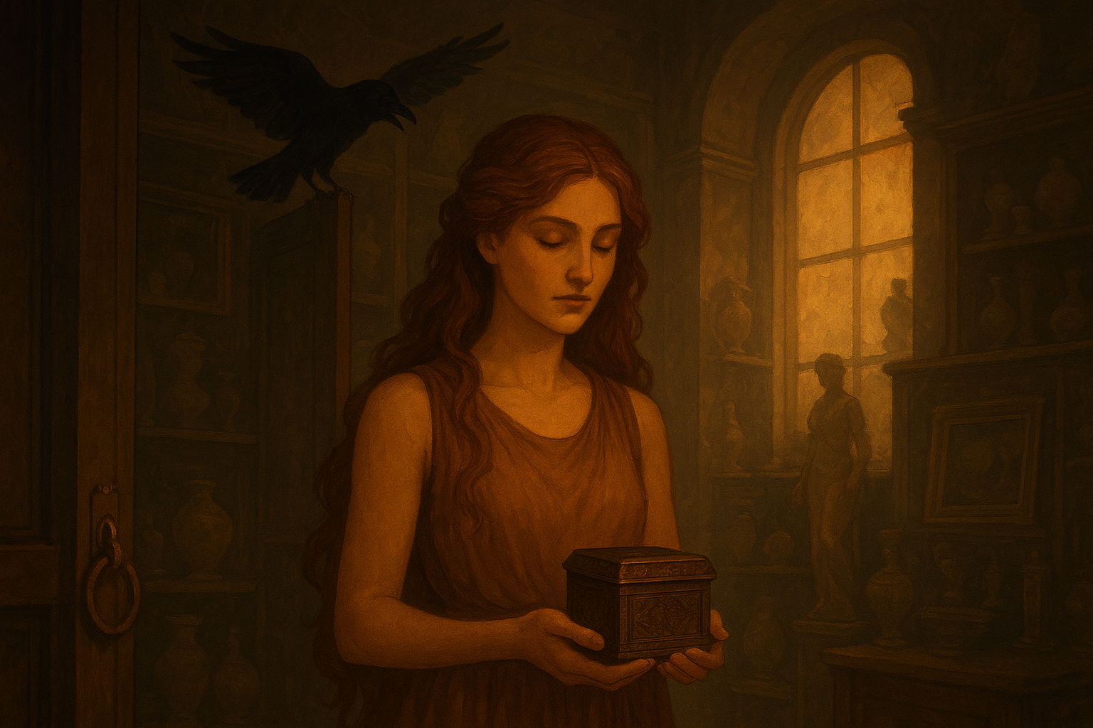 O Espelho de Pandora

Não temas o que libertas — o que retorna é apenas aquilo que está pronto para ser compreendido.
Como todas as lendas, também esta tenta traduzir o que escapa à razão — aquilo que mora entre o mistério e a ignorância.
Mas e se Pandora não tivesse aberto a caixa?
Teríamos sido poupados da dor, da solidão e dos desvios do espírito?
Ou, sem os males, teríamos perdido também o impulso de nos compreender?

****************************************************

O céu rugia como se antigos deuses despertassem em suas nuvens.
O vento uivava, trazendo a memória de Zeus e dos Titãs — um sopro quente que abria fendas entre galáxias.
Prometeu, porém, caminhava nas entrelinhas do ar, lembrando que todo fogo roubado é também um convite à consciência humana.
A tarde exalava o perfume de flores que jamais existiram neste século — fragrâncias vindas de um jardim desaparecido, onde as primeiras sacerdotisas dançavam com a lua.
Entre esses aromas, uma voz ergueu-se como eco de uma profecia esquecida:

— Eu não sou culpa. Sou o dom divino de ver o invisível.

****************************************************

Na Grécia, uma pequena vila adormecida parecia um relicário de eras.
Uma prosaica rua escondia uma loja de antiguidades; o silêncio guardava mais que peças — sepultava pactos, segredos, invocações e presságios.
Quando a porta rangeu, a energia se adensou.
Um corvo cruzou o teto como mensageiro das antigas Moiras, anunciando que os fios do destino seriam tocados.
A moça entrou acompanhada do abutre — o guardião ancestral das passagens, incompreendido pelos séculos, mas reverenciado pelas pitonisas que sabiam ler em seu voo, o sinal do recomeço.
A forasteira viera para dizer que é impossível prender a alma da mulher, mesmo que em um vaso de ouro, envolto em papéis falsos e rótulos de mentiras.
Seus olhos buscavam o objeto que trazia seu nome — aquele que atravessara a história usando o medo como ferrolho para esconder a verdade.
Tateou prateleiras e paredes usando a psicometria.
Leu, com o terceiro olho, símbolos ocultos.
Lá fora, a tempestade batia contra as vidraças como se quisesse amedrontar quem ousa vislumbrar além da moldura.
A neve caía pesada, deixando tudo igual, branco, sem referência — apenas para testar a ousadia dos que não temem buscar pensamentos próprios.
Então o relógio badalou.
Não marcava horas, mas a passagem entre universos.
E, segura de si, ela cruzou o lusco-fusco e encontrou um velho baú.
A fechadura ruiu como se reconhecesse sua dona.
Dentro, repousava a ânfora — o coração adormecido do próprio mito.
Pandora se aproxima da caixa — aquela onde, um dia, disseram que armazenava inveja, crueldade, fome e desespero.
Passa os dedos sobre a tampa, como quem toca o sagrado.
Abre-a com delicadeza, afastando o fundo falso e o veludo vermelho.
E então vê.
Não há monstros.
Não há sombras.
Há apenas um espelho.
E, sem temor, ela se vê por inteira.
No reflexo, reconhece a si e a todas as mulheres que existiram antes e depois dela.
Revela ao mundo que o feminino nunca foi causa da discórdia,
mas o fio que tece a consciência do amor.
E, sob o cristal, como um sussurro guardado por milênios, repousa aquilo que jamais deveria ter sido aprisionado: a esperança — ainda viva, ainda pulsante.
Ela estava de volta não para apagar o passado, mas para ressignificar o que chamaram de maldição.
E maldição foi ela ter acreditado que a mulher não pode olhar além dos limites impostos a ela.
Porque, um dia, quando ela abriu aquela caixa, ela não sabia quem era. Não conhecia sua força.
Agora, porém, voltava para refazer o gesto — não por curiosidade, mas por consciência.