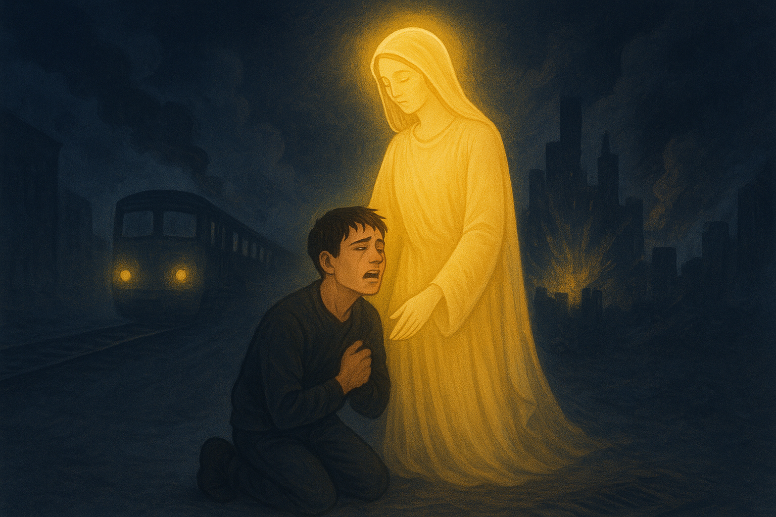 O Abraço que Atravessou a Matéria

O relógio marca 19h45.
Eu aqui, parado, esperando o trem.
Multidão apressada, um frio intenso.
Olhares vazios.
Mais um fim de dia sem sentido.
Preso na mesma rotina:
a mesma estação, o mesmo vazio, a mesma angústia.

Uma sirene se aproxima.
O barulho me assusta.
Ouço tiros.
As pessoas correm.
O chão parece se abrir sob meus sapatos gastos.
O pavor toma conta, o ar fica pesado
e um silêncio ensurdecedor invade o nada.

Corro sem pensar.
Entro no túnel de luz.
O ar congela o peito, a cabeça lateja.
Escuridão absoluta.
Grito. Ninguém ouve.
Minha voz não ecoa.

Atravesso a ponte que ameaça desabar.
Arranha-céus se dissolvem em nuvens de miasmas.
Lamentos e pedidos de socorro vêm de todos os lados.
A visão fica turva.
Meus batimentos aceleram.

Minha mão tenta tocar o seu vestido.
A seda macia desliza entre os dedos
enquanto procuro me refugiar entre seus joelhos.
Tremendo, me agarro a você…
busco sua proteção.
Um anjo surge, e o clarão te veste de ouro.
Com o rosto banhado em lágrimas,
meu soluço rasga o desespero que antes me estrangulava.

A sirene da ambulância toca.
São 20h00.
Caído no chão, envolto em sangue, compreendo:
você veio me proteger — mesmo depois de ter partido —
para que eu não atravessasse esse momento sozinho.

Abriu uma fresta no tempo
onde o amor de mãe não encontra limite.
Já não sinto medo dos bandidos,
do tumulto, da catástrofe ao redor.
Sinto apenas o seu abraço,
o seu beijo e a sua bênção…
e o seu olhar trazendo luz
para a minha vida que antes parecia apagada.

Enquanto eu sigo para um recomeço,
sei que você ainda cuida de mim.
No ar, fica o seu perfume —
enquanto você parte na carruagem conduzida
pelos guardiões da morte…

Deixa comigo a coragem
de voltar à vida, sem medo do que ainda virá —
porque agora sei que não existe fim, apenas recomeços.

@rschumaher