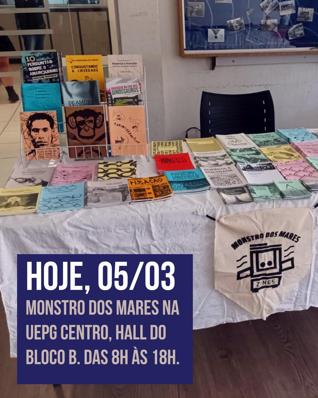 Hoje, 5/03, a Editora Monstro dos Mares está na UEPG Centro, no hall do Bloco B, das 8h às 18h, em Ponta Grossa (PR). Livros, zines e conversas sobre produção editorial independente com Caronte Mayer. Passa por lá para conhecer o catálogo e trocar ideias sobre edição autônoma.

Fonte: https://mastodon.social/@monstro/116176535709541685
#fediverse #livro #literatura